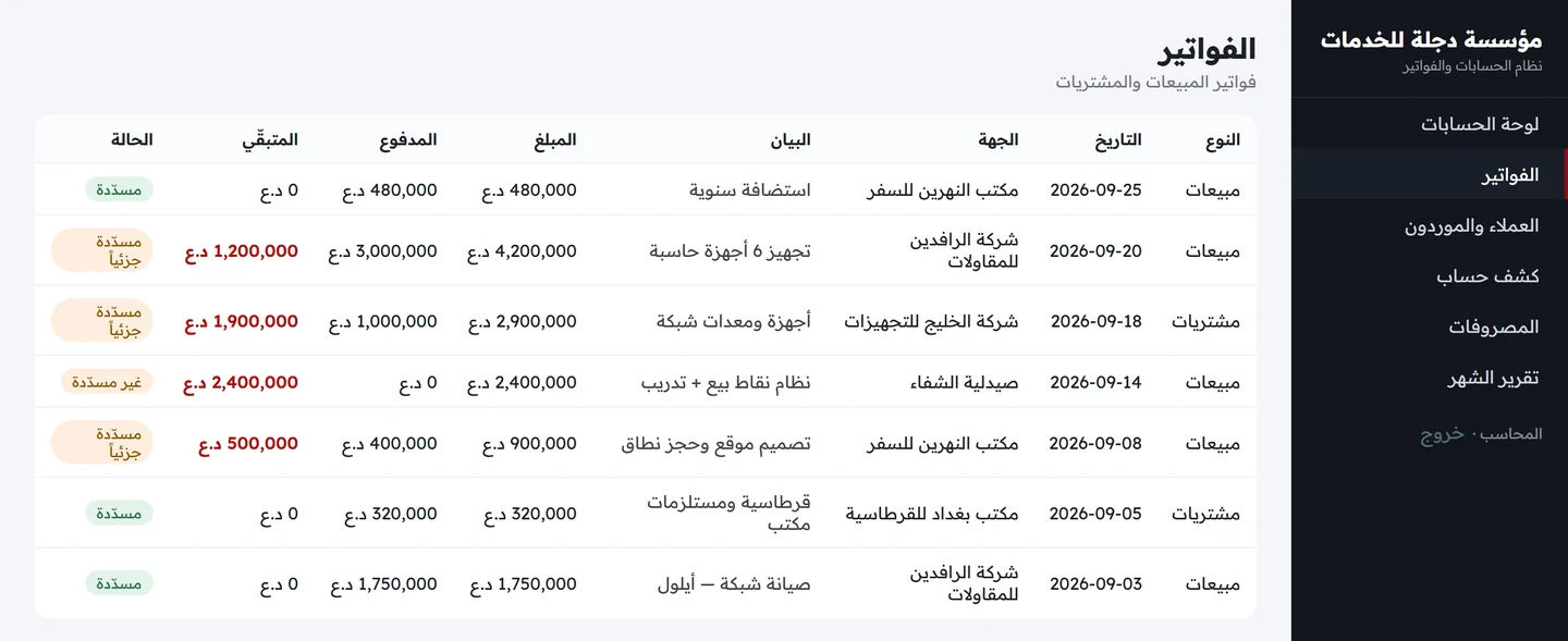 شاشة الفواتير تعرض فواتير المبيعات والمشتريات مع المبلغ والمدفوع والمتبقي وحالة السداد