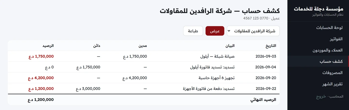 كشف حساب عميل يعرض التاريخ والبيان والمدين والدائن والرصيد التراكمي والرصيد النهائي