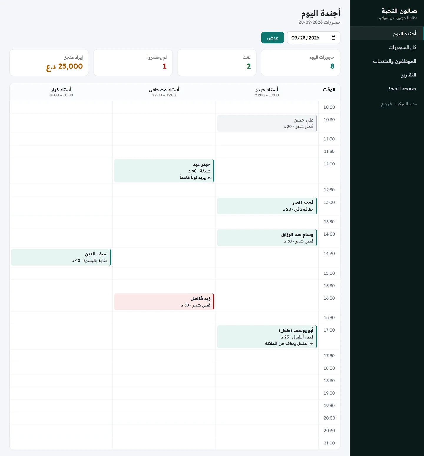أجندة اليوم على هيئة جدول بالأوقات في العمود الأول وأعمدة للموظفين وبطاقات الحجوزات في خاناتها