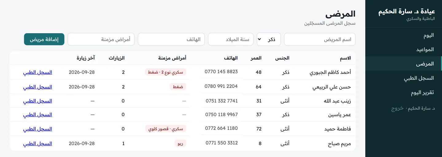 شاشة المرضى تعرض الاسم والجنس والعمر والهاتف والأمراض المزمنة وعدد الزيارات وتاريخ آخر زيارة