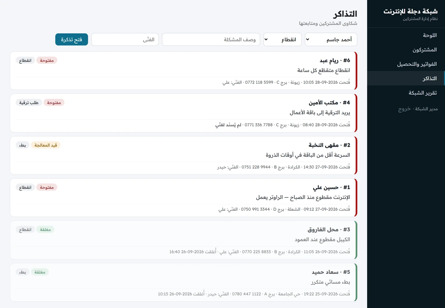 شاشة التذاكر تعرض بطاقات الشكاوى المفتوحة والمغلقة بأنواعها ونصوصها والفني المسؤول والبرج والمنطقة