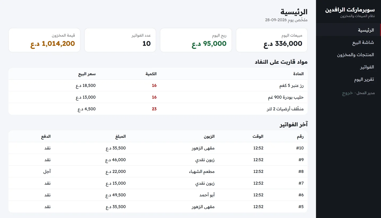 لوحة النظام الرئيسية تعرض مبيعات اليوم وربح اليوم وعدد الفواتير وقيمة المخزون مع جدول المواد التي قاربت على النفاد وآخر الفواتير