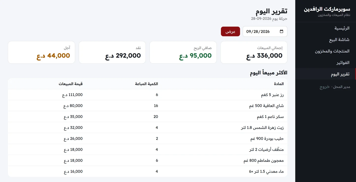 تقرير اليوم يعرض إجمالي المبيعات وصافي الربح والمقبوض نقدا والآجل وجدول أكثر المواد مبيعا
