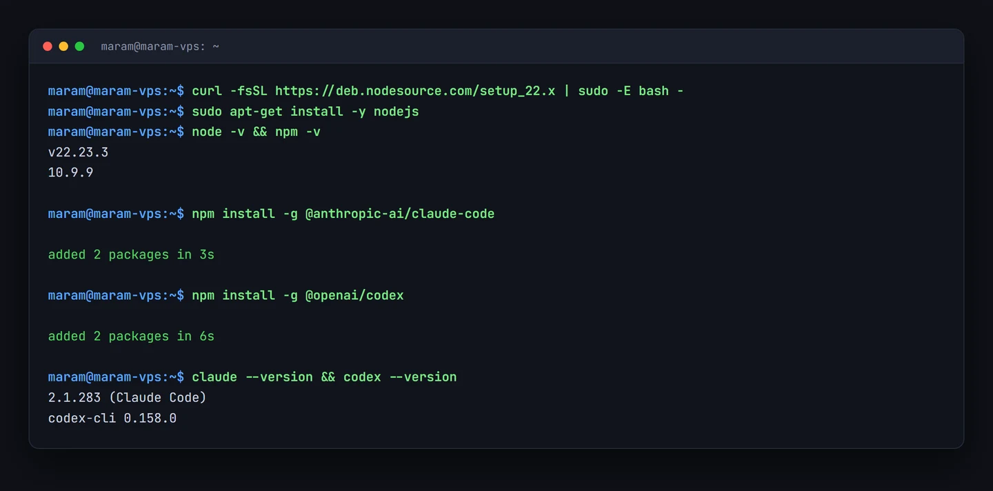 طرفية تعرض تنصيب Node.js ثم تنصيب Claude Code وCodex ونتيجة فحص الإصدارات