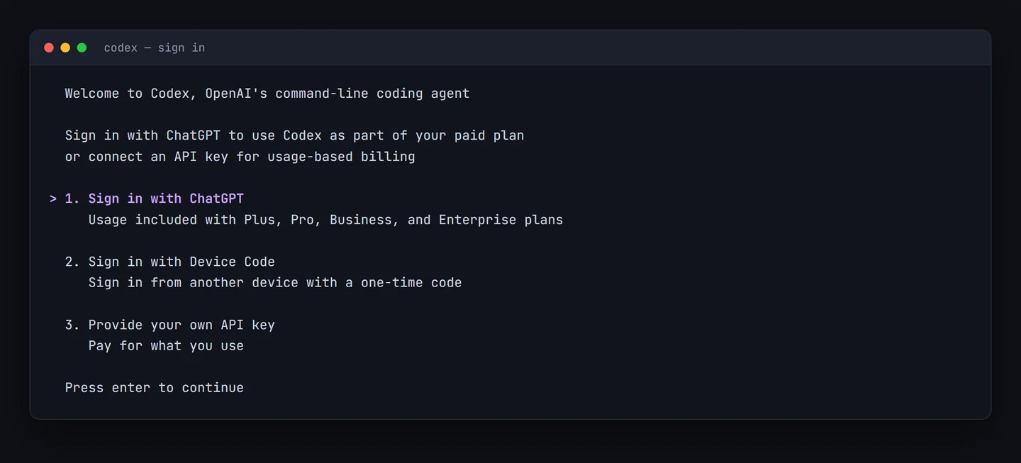 شاشة Codex تعرض ثلاثة خيارات لتسجيل الدخول: عبر ChatGPT، أو بكود جهاز، أو بمفتاح API