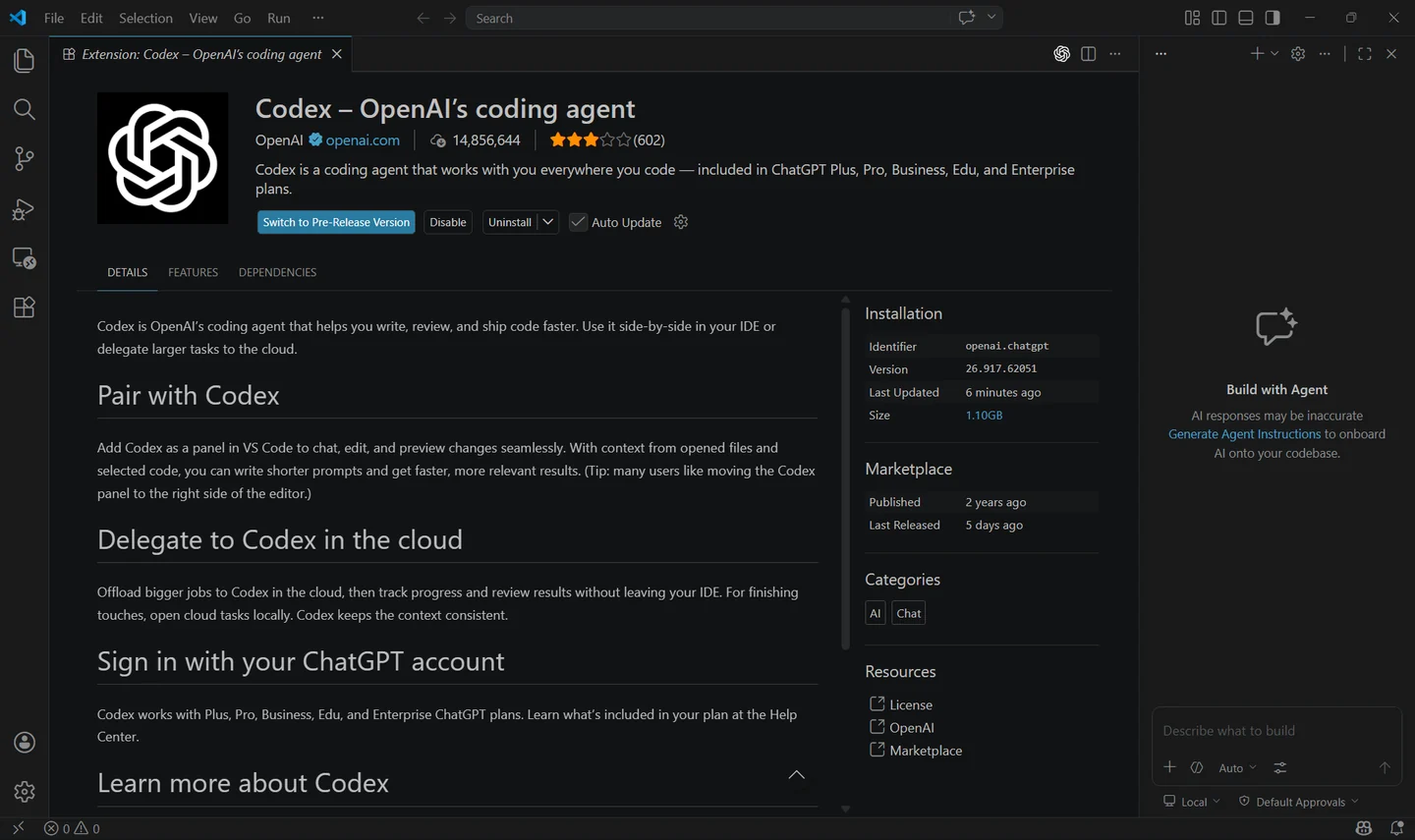 صفحة إضافة Codex من OpenAI داخل VS Code تعرض اسم الناشر ومعرّف الإضافة وعدد التنزيلات ووصف الإضافة
