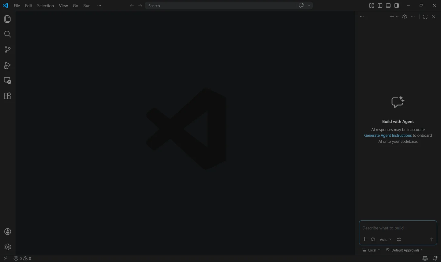 لوحة Codex داخل VS Code بعد التثبيت وفيها حقل وصف ما تريد بناءه وخيارات التنفيذ والصلاحيات