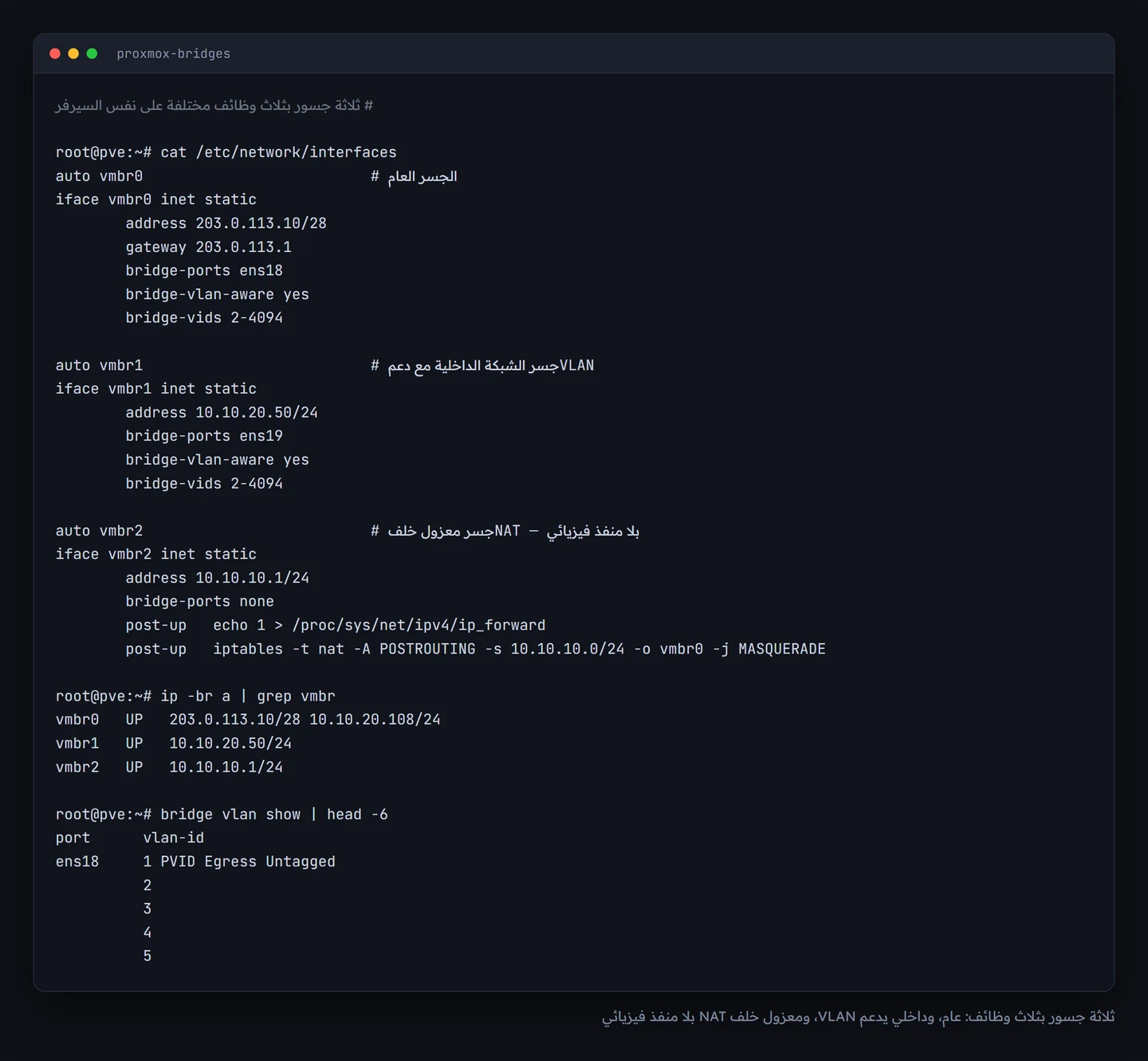 محتوى ملف إعدادات الشبكة في بروكسموكس يعرض ثلاثة جسور مع مخرجات ip ومخرجات bridge vlan
