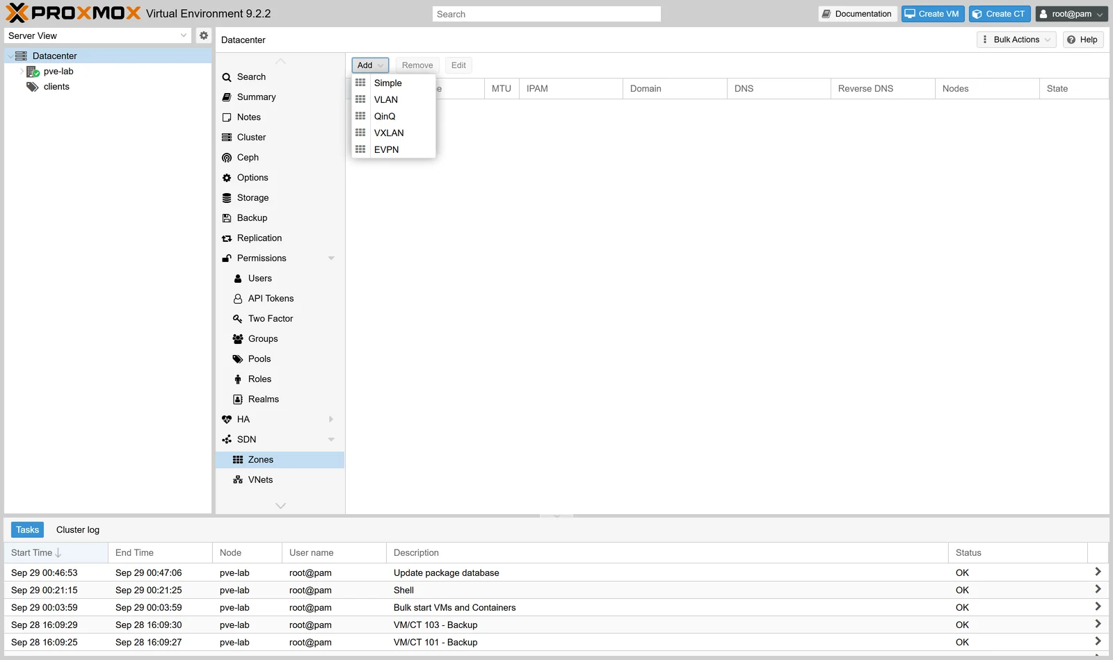 قائمة أنواع مناطق SDN في بروكسموكس تعرض Simple وVLAN وQinQ وVXLAN وEVPN