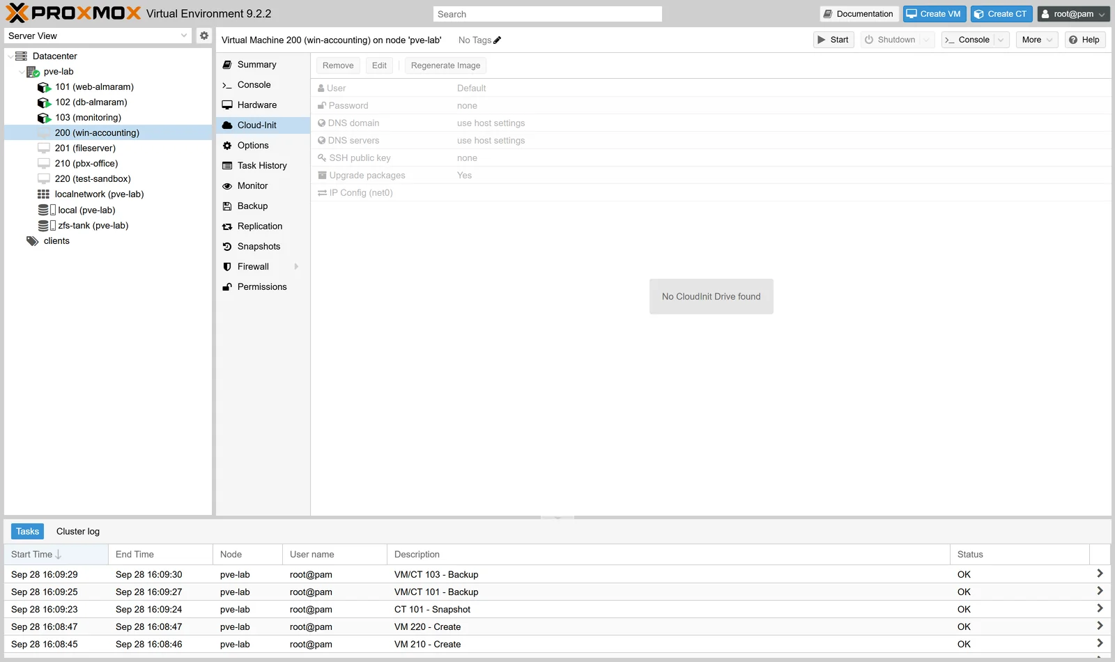 تبويب Cloud-Init في بروكسموكس يعرض المستخدم وكلمة المرور وخادم الأسماء وإعداد عنوان الشبكة