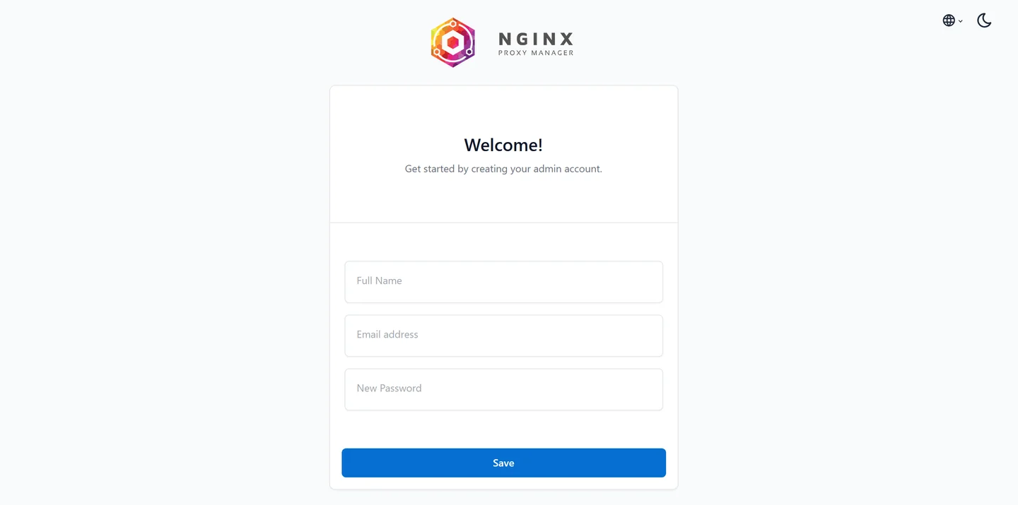 شاشة الإعداد الأولى في Nginx Proxy Manager تطلب إنشاء حساب المدير بالاسم والبريد وكلمة المرور