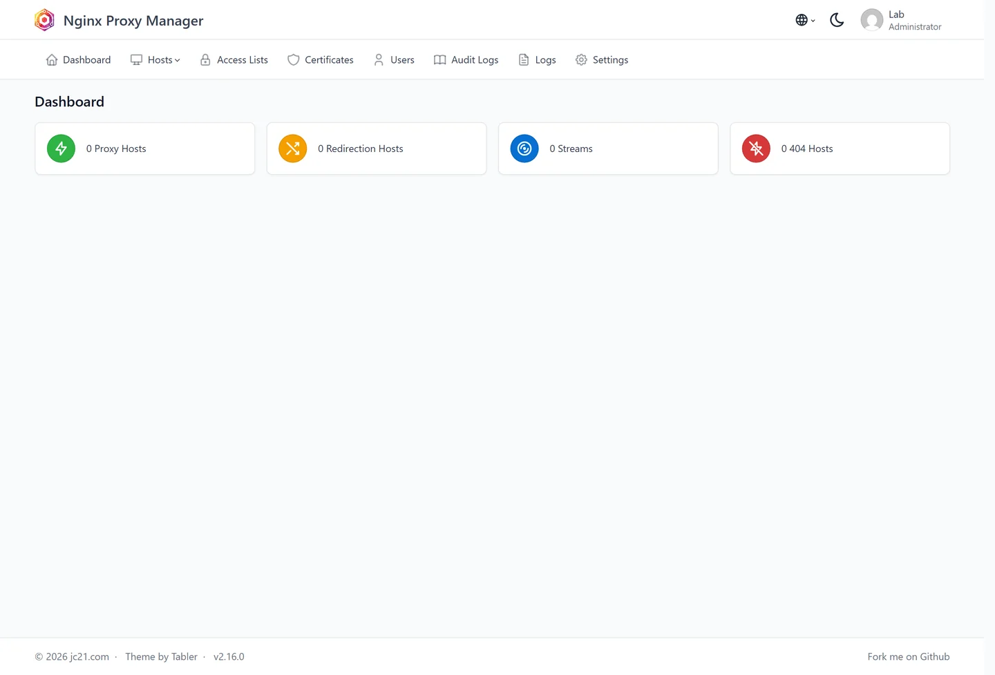 لوحة Nginx Proxy Manager بعد الدخول تعرض عدد المضيفات والتحويلات والتيارات