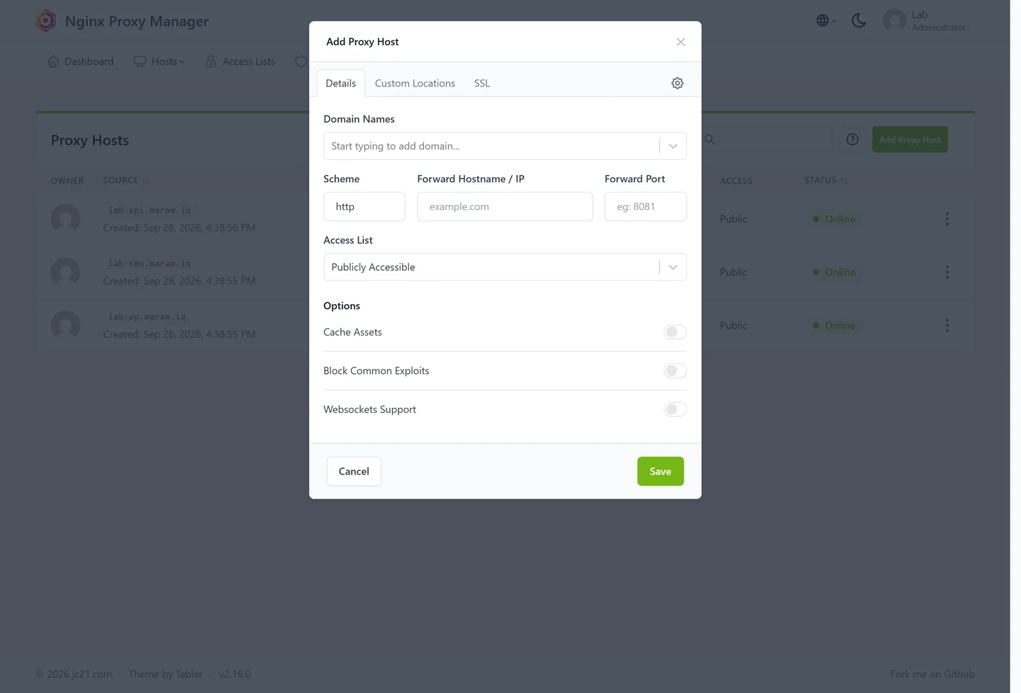 نموذج إضافة مضيف وسيط في Nginx Proxy Manager بحقول اسم النطاق والمخطط والعنوان الداخلي والمنفذ
