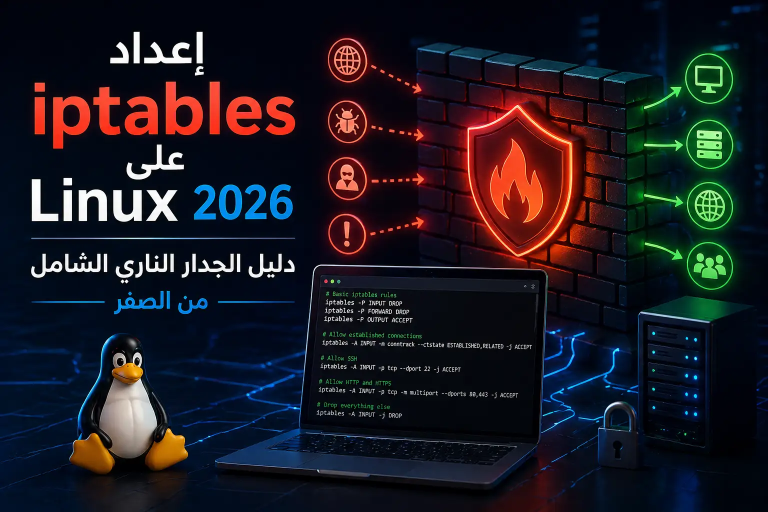 إعداد iptables الجدار الناري على Linux