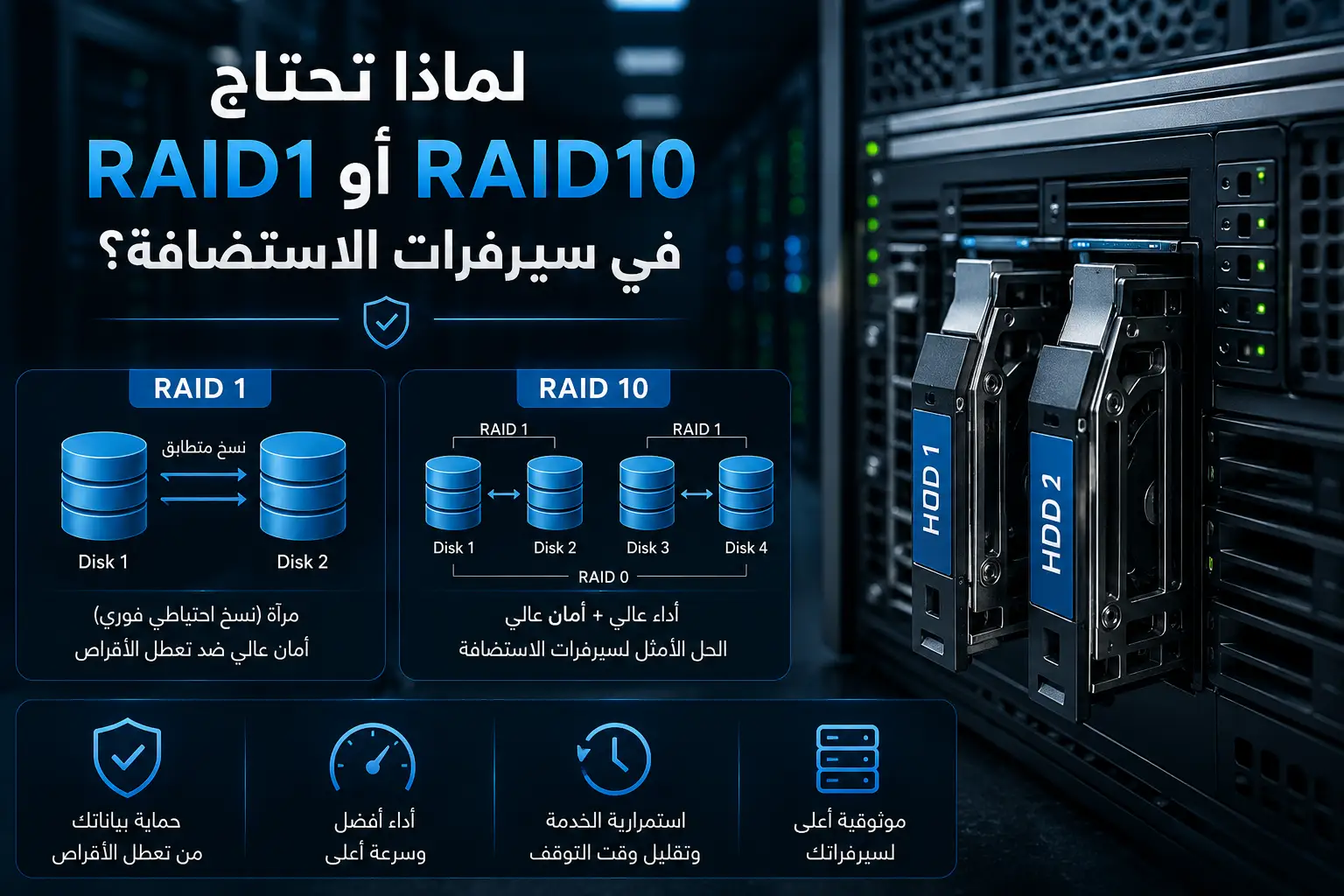 لماذا تحتاج RAID1 أو RAID10 في سيرفرات الاستضافة؟ الدليل الاحترافي لحماية البيانات وتحسين الأداء في 2026 - مرام هوست