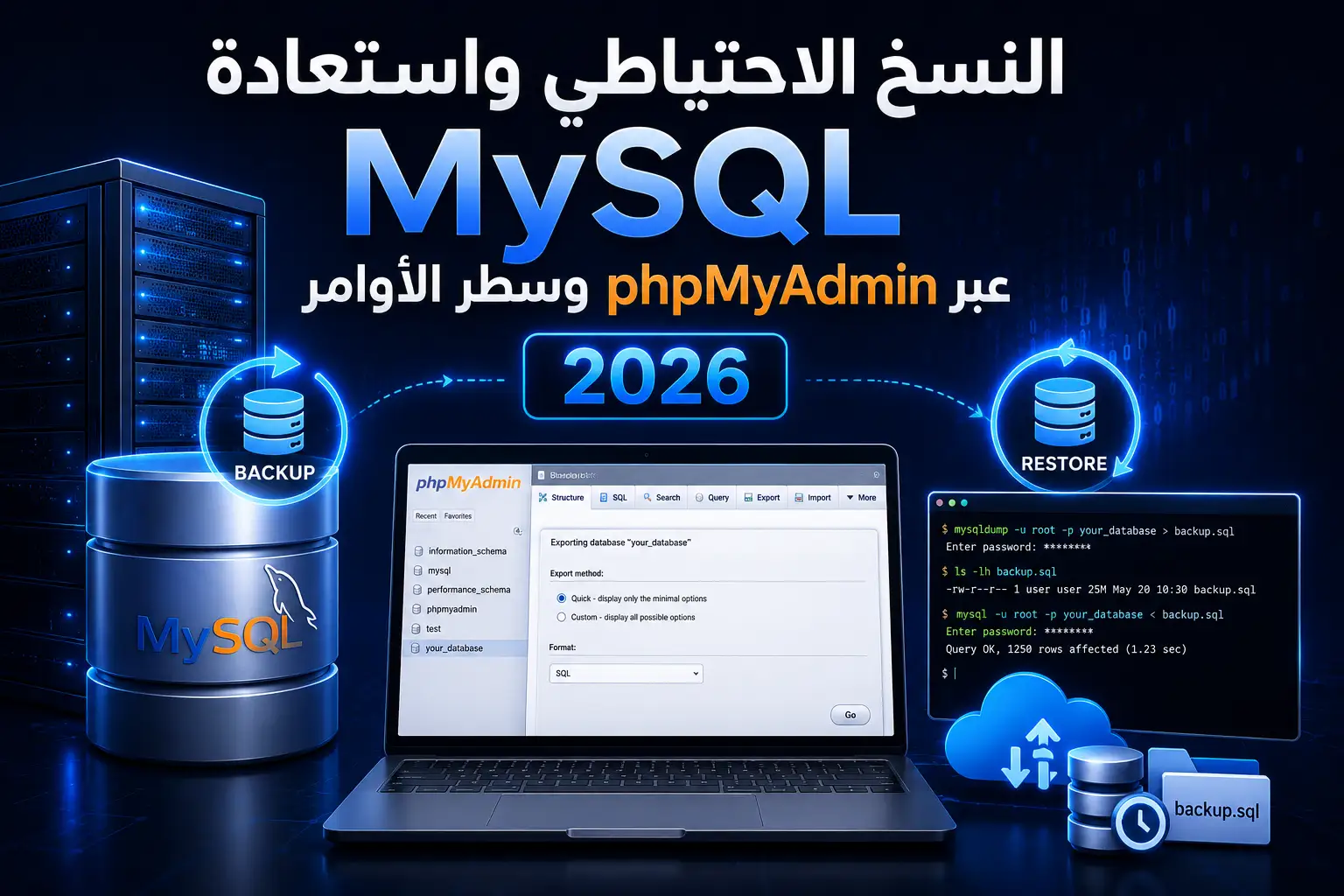 النسخ الاحتياطي واستعادة MySQL عبر phpMyAdmin وسطر الأوامر 2026 - مرام هوست