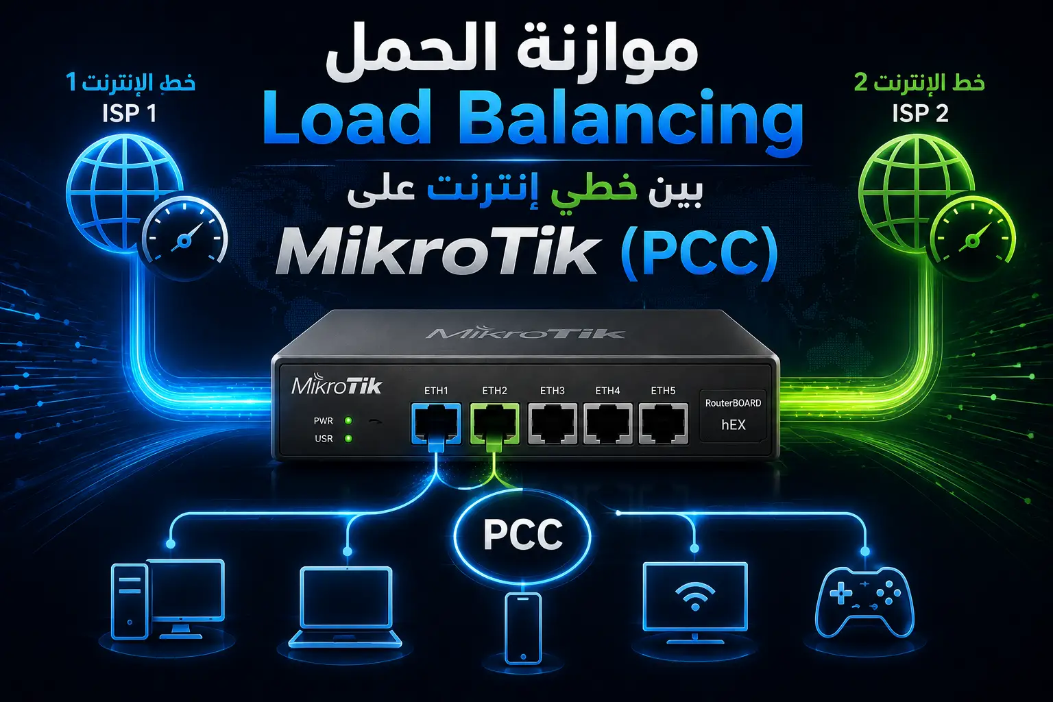 موازنة الحمل Load Balancing بين خطّي إنترنت على MikroTik (PCC): دليل مزوّدي ISP الكامل 2026 - مرام هوست