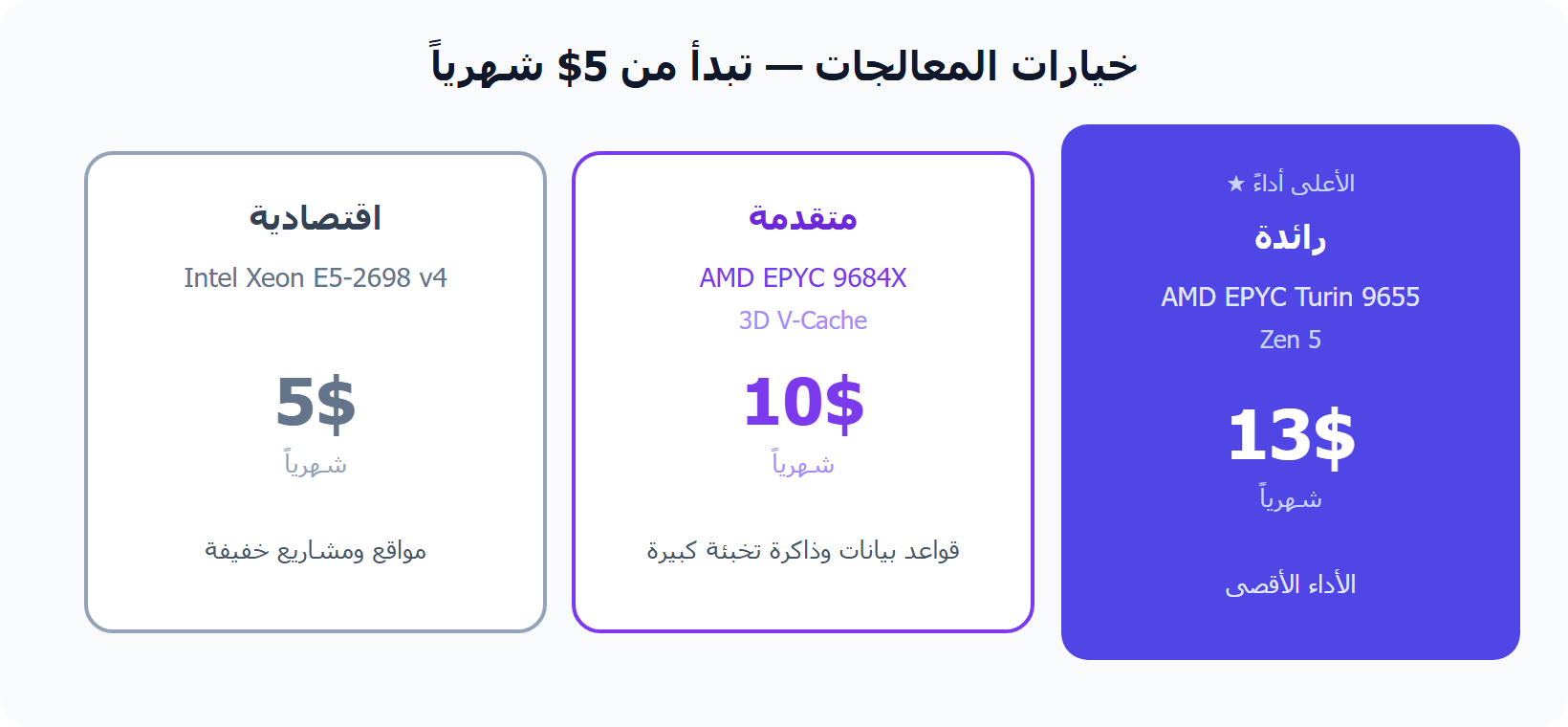 خيارات معالجات وأسعار خطط VPS في مرام هوست تبدأ من 5 دولار