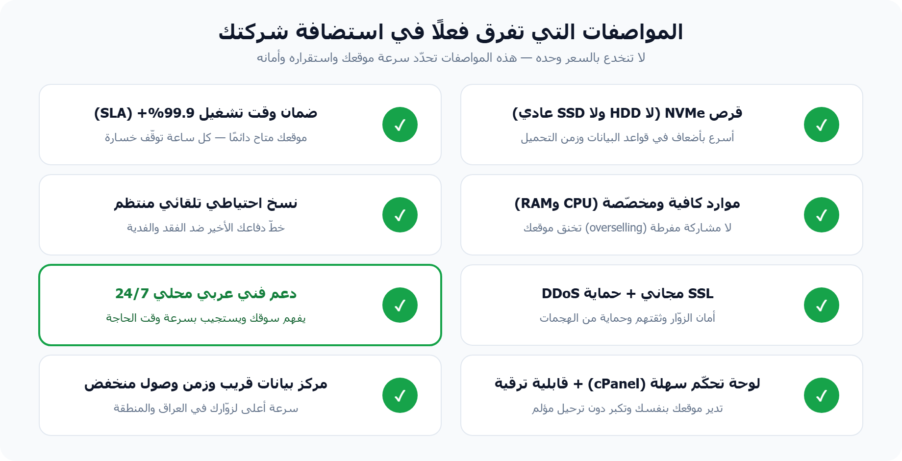 مواصفات استضافة المواقع للشركات: NVMe وuptime ونسخ احتياطي ودعم محلي