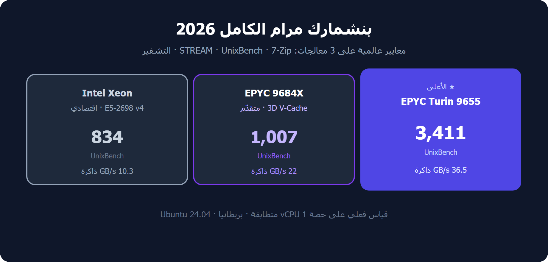 بنشمارك VPS مرام الكامل على ثلاث فئات معالجات: STREAM وUnixBench