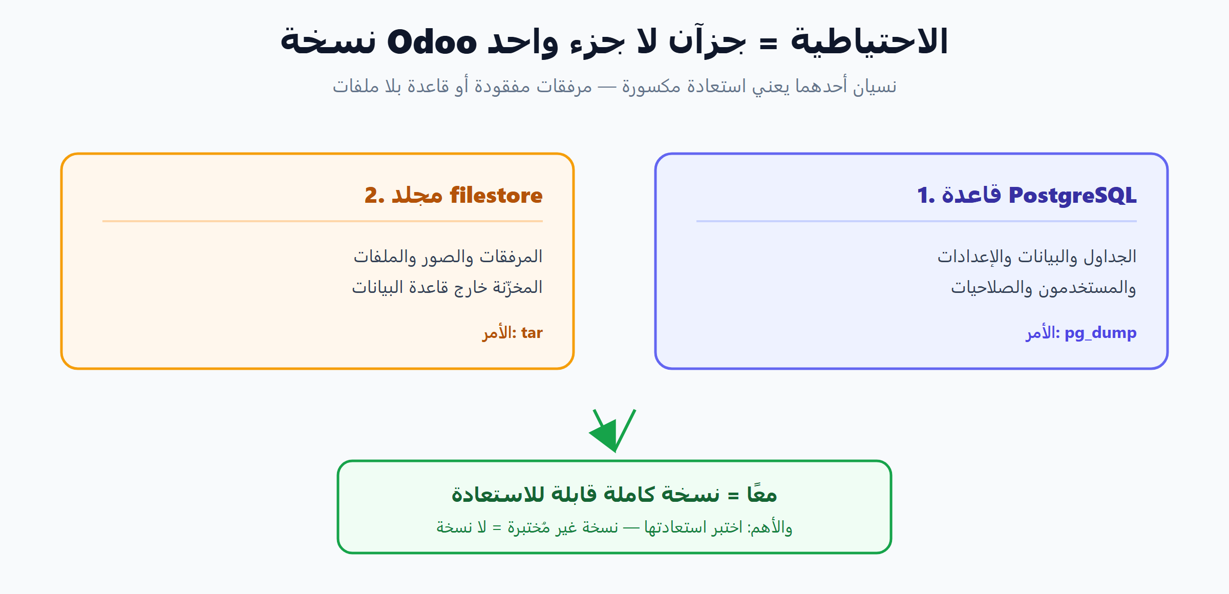 نسخ Odoo الاحتياطي = قاعدة PostgreSQL + مجلد filestore معًا