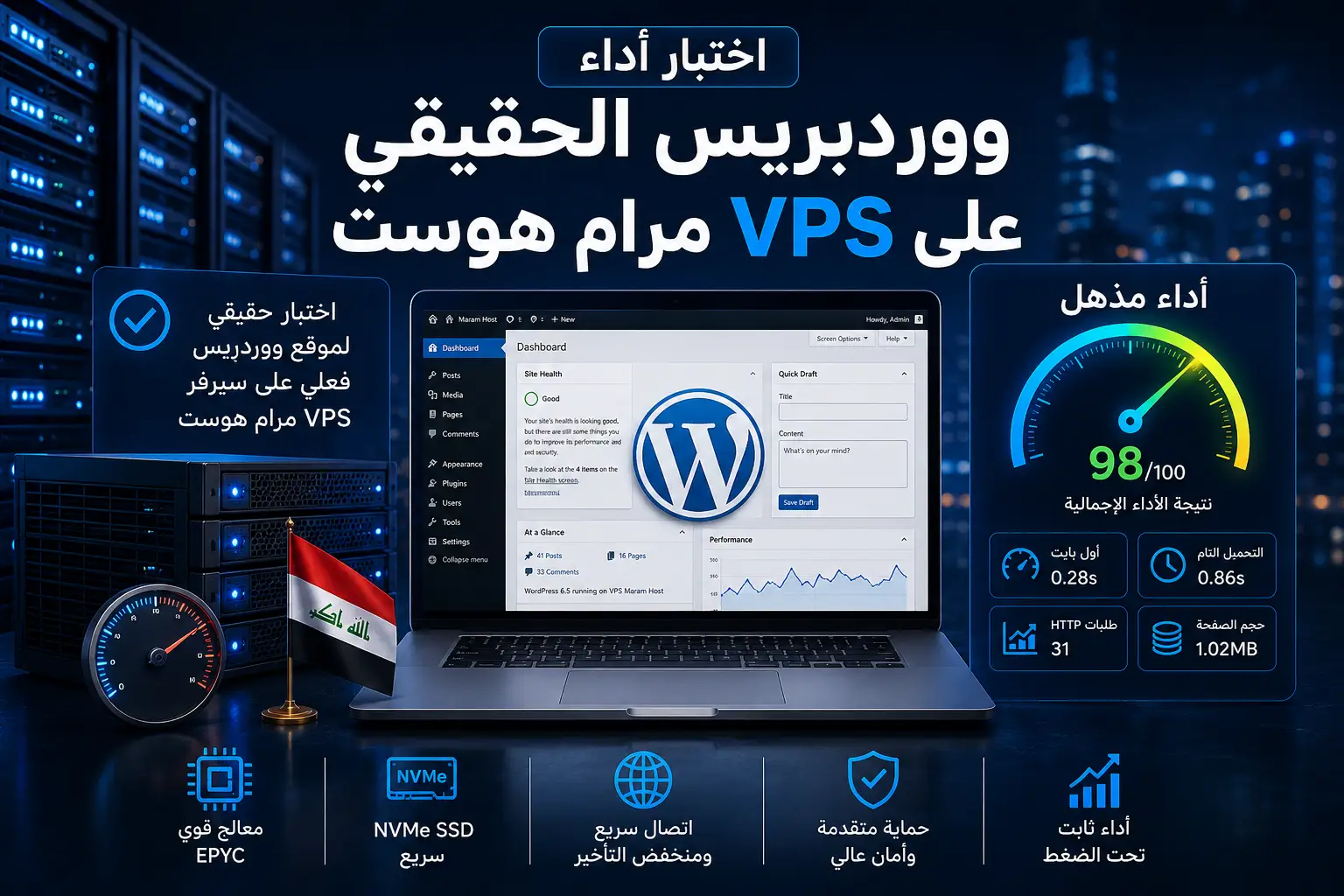 اختبار أداء ووردبريس الحقيقي على VPS مرام هوست: TTFB وطلبات/ثانية 2026 - مرام هوست