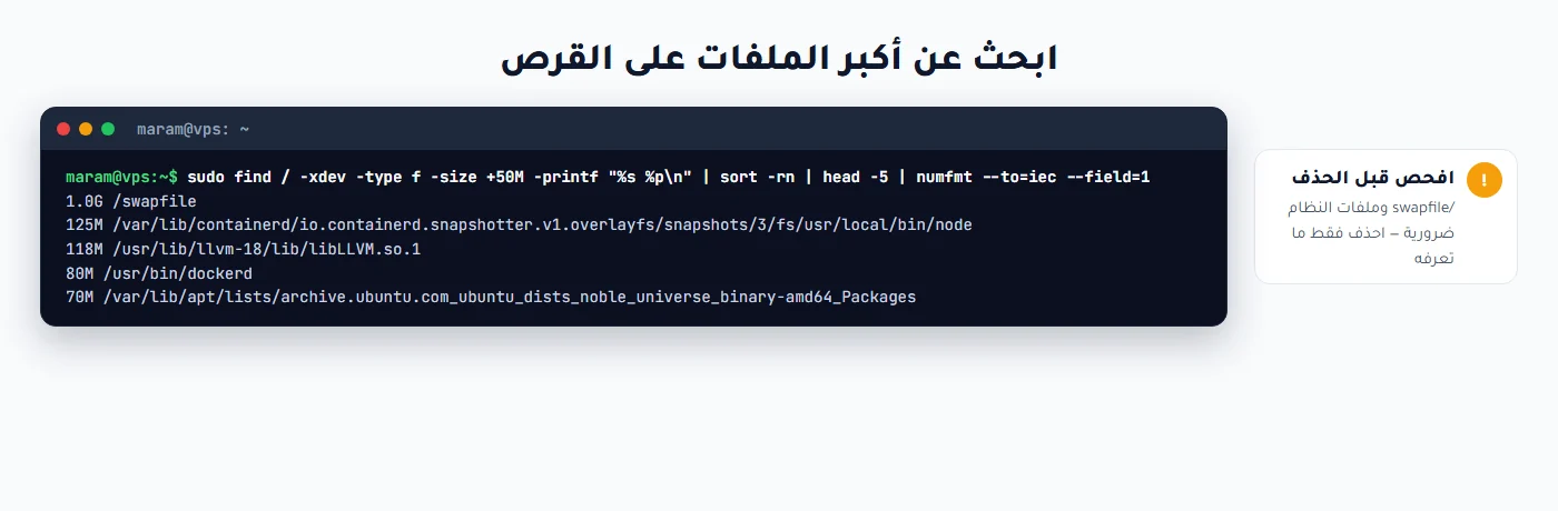 البحث عن أكبر الملفات على القرص بأمر find
