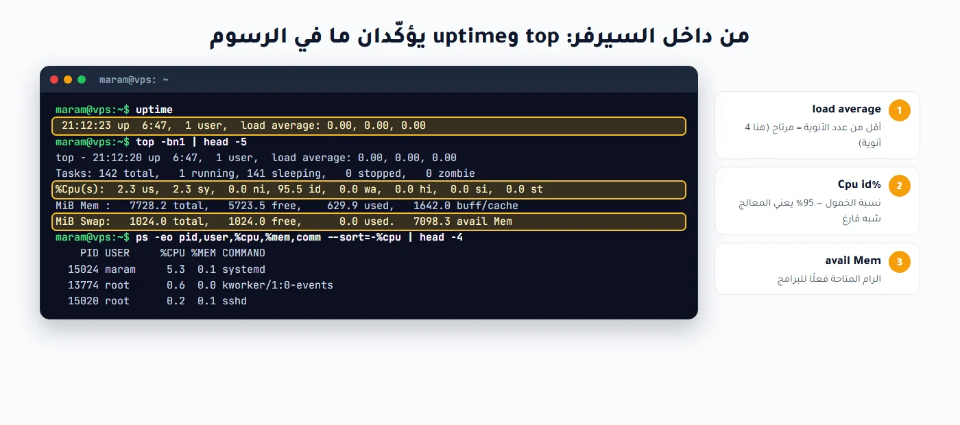 مخرجات uptime وtop وps لمعرفة حمل المعالج والذاكرة في لينكس