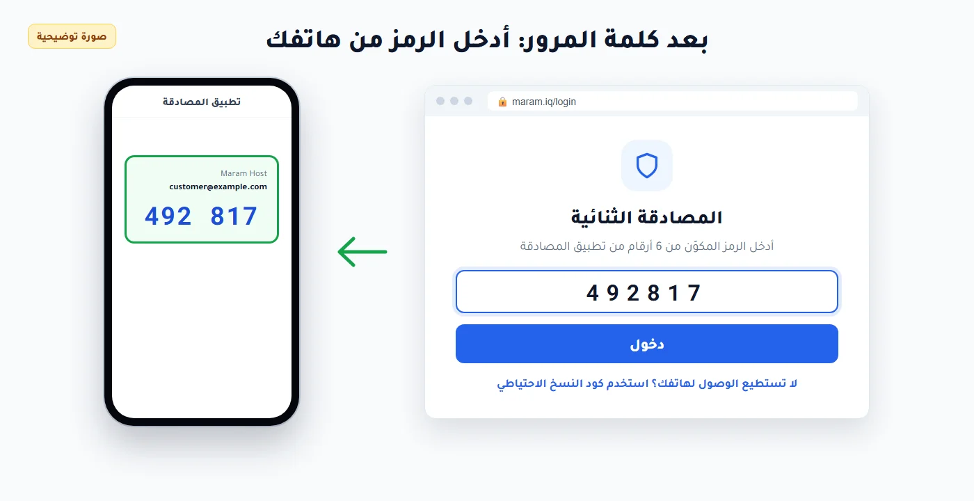 خطوة إدخال رمز المصادقة الثنائية عند تسجيل الدخول إلى مرام هوست