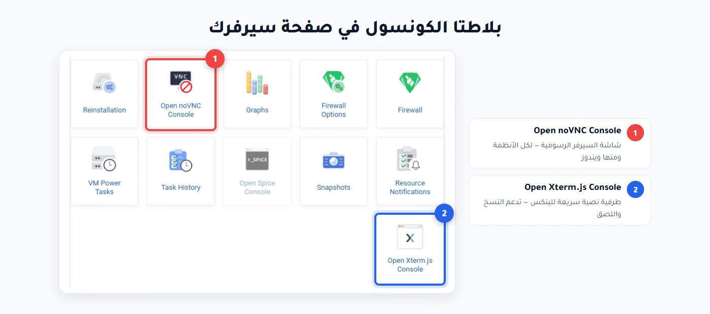 بلاطتا Open noVNC Console وOpen Xterm.js Console في لوحة سيرفر مرام