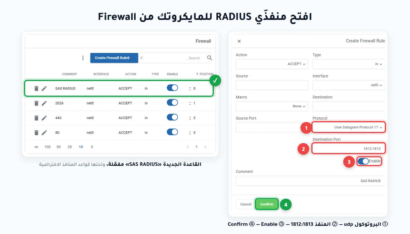 إنشاء قاعدة Firewall في لوحة مرام لبروتوكول udp والمنفذ 1812:1813 لسنونو