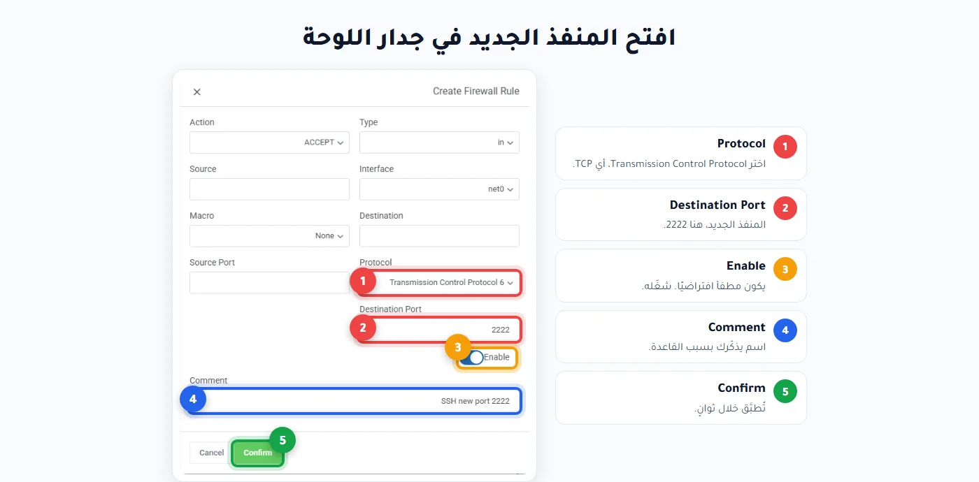 نافذة Create Firewall Rule في لوحة مرام لفتح منفذ SSH الجديد 2222