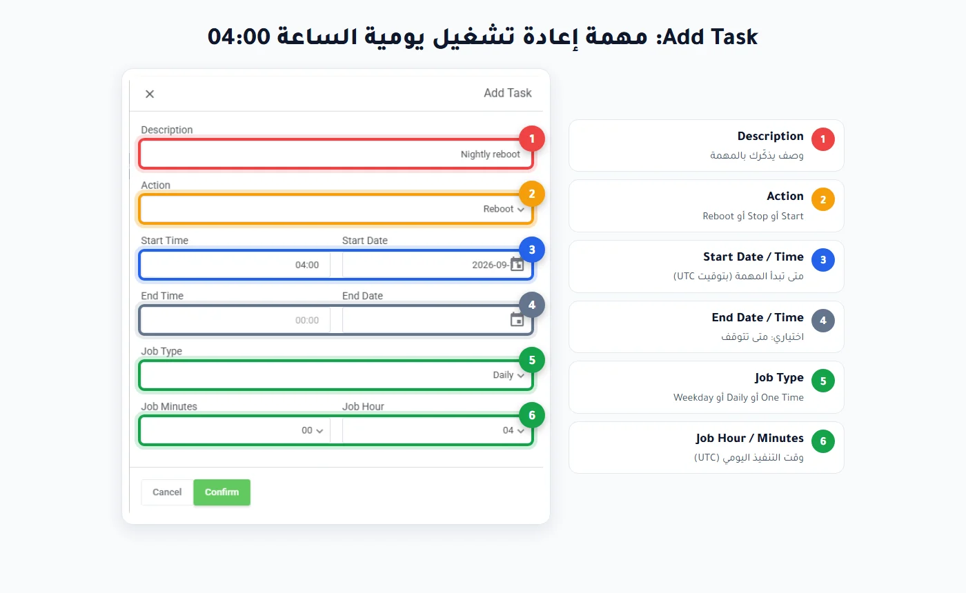نافذة Add Task: إعادة تشغيل يومية الساعة 04:00 في لوحة مرام