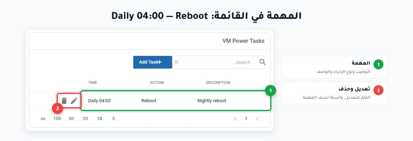 المهمة المجدولة في قائمة VM Power Tasks: Daily 04:00 Reboot