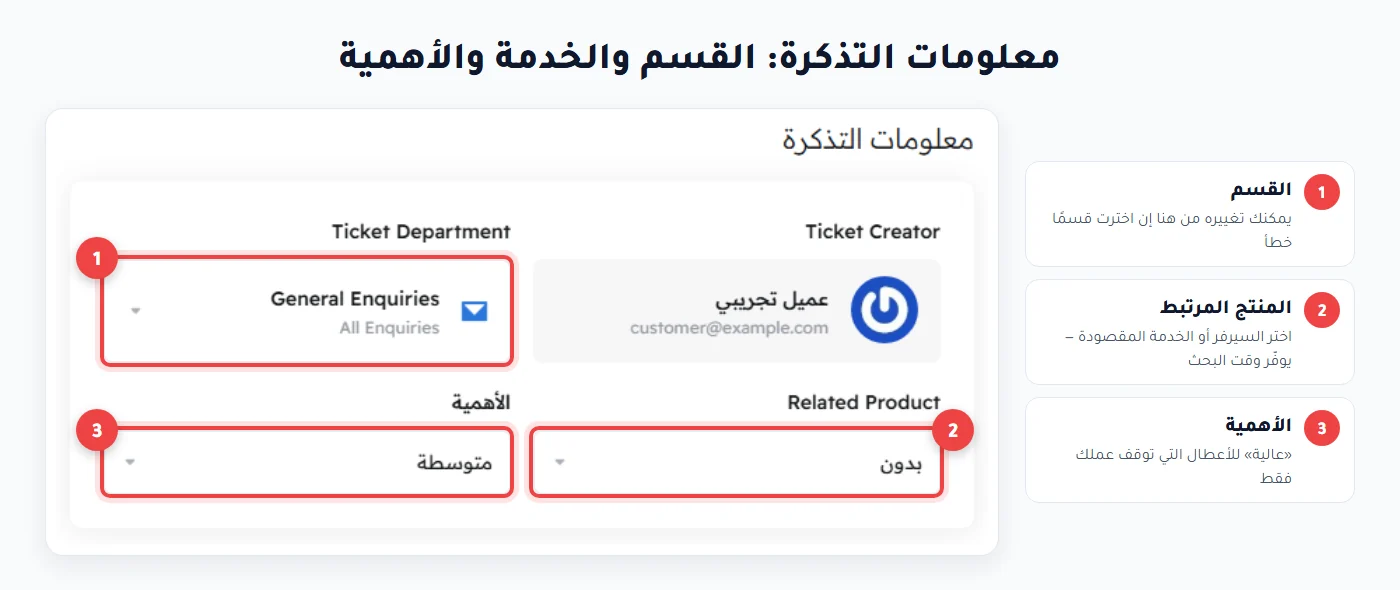 نموذج التذكرة: القسم والمنتج المرتبط والأهمية