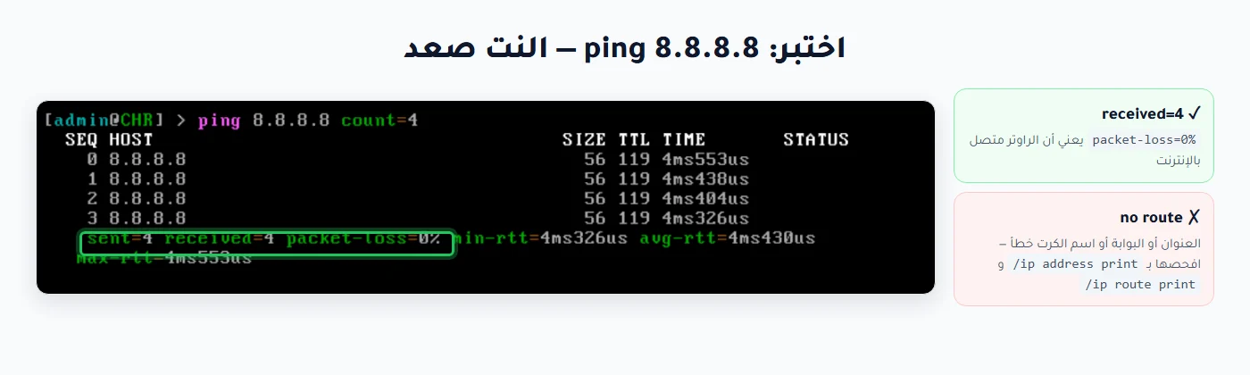 نتيجة ping 8.8.8.8 في MikroTik CHR بدون فقد