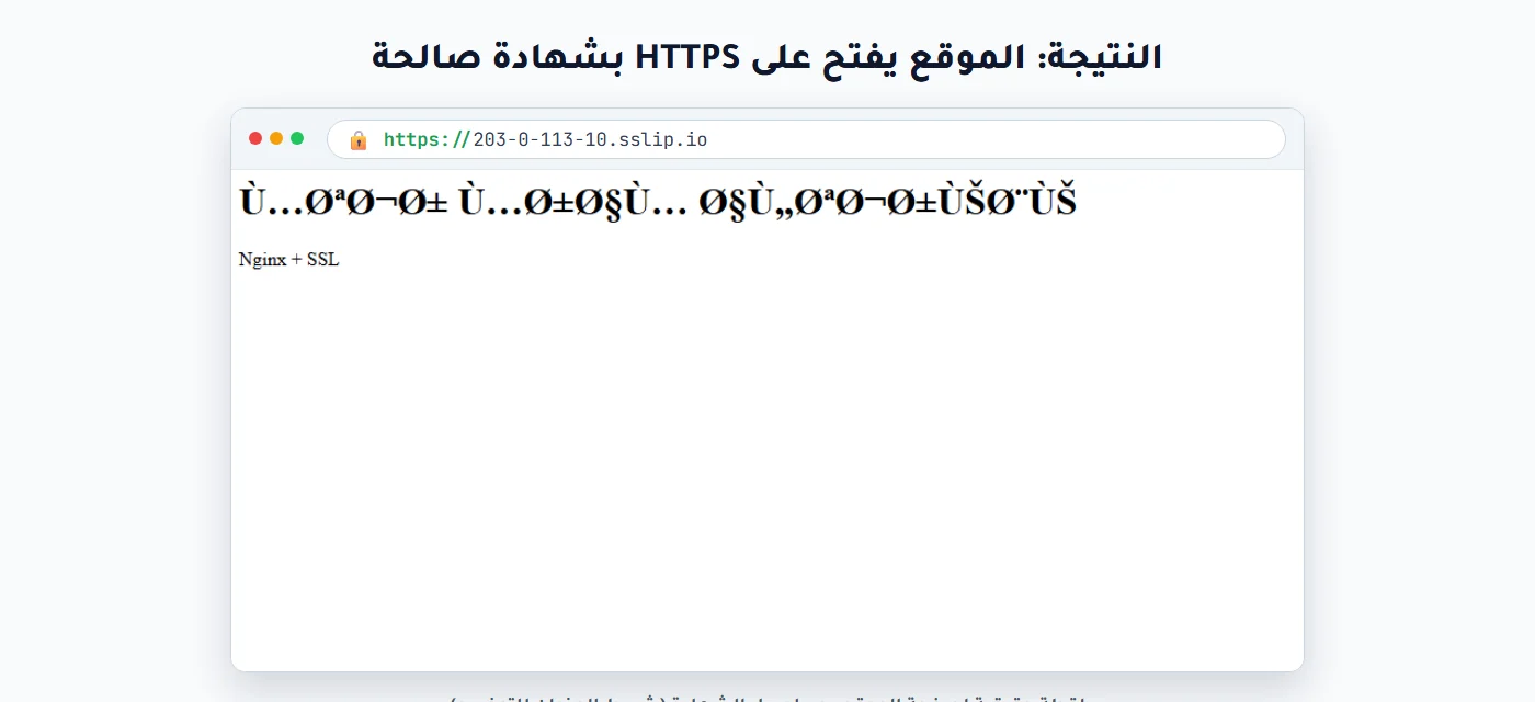 صفحة الموقع التجريبي تعمل على HTTPS بعد إصدار الشهادة