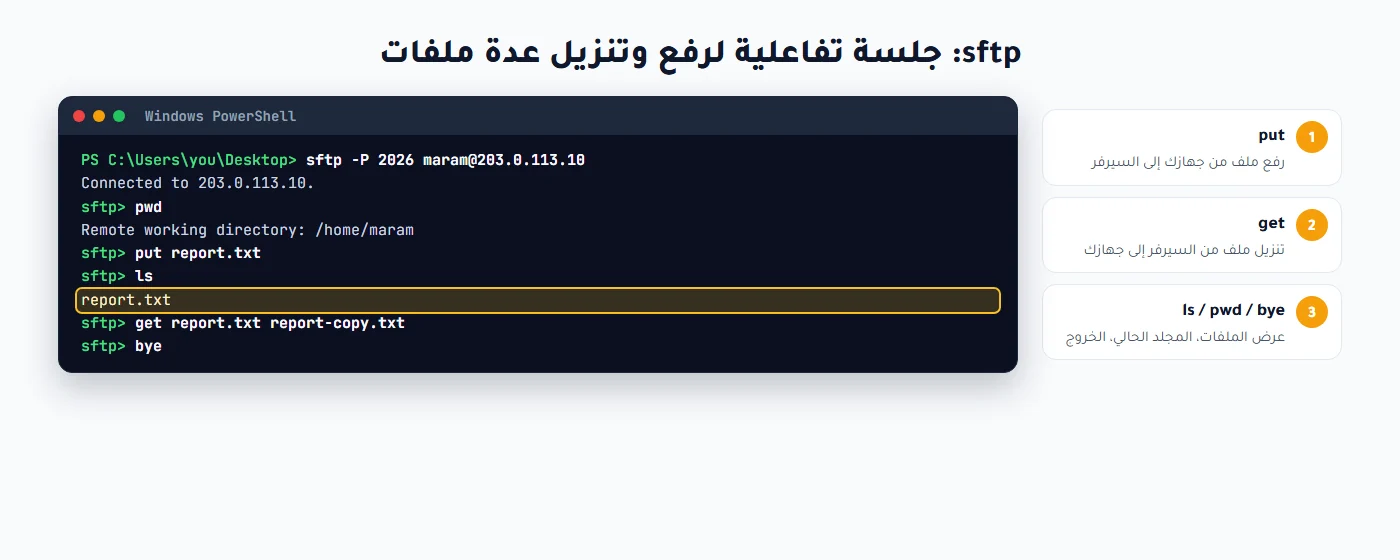 جلسة sftp وأوامر put وget وls