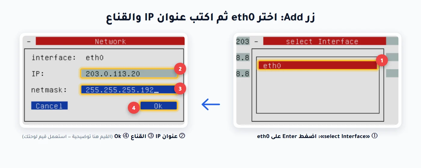 اختيار الواجهة eth0 وكتابة عنوان IP والقناع في إعدادات شبكة سنونو