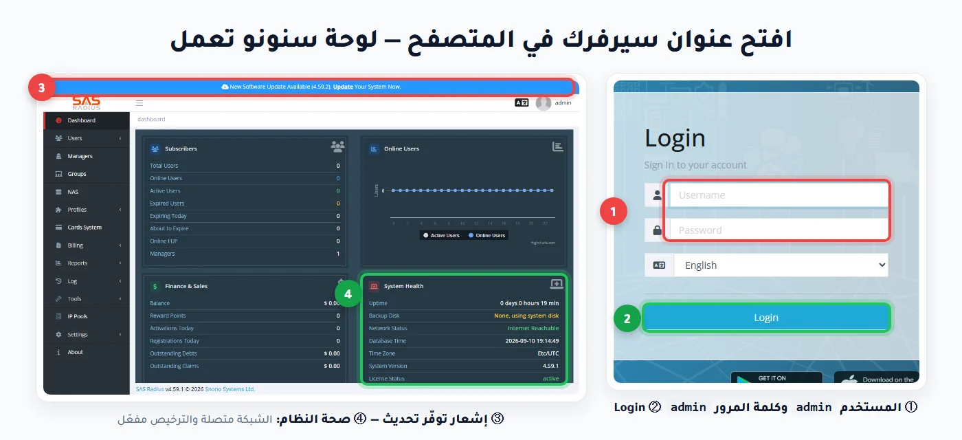 صفحة دخول SAS Radius ولوحة التحكم بعد الدخول وحالة النظام
