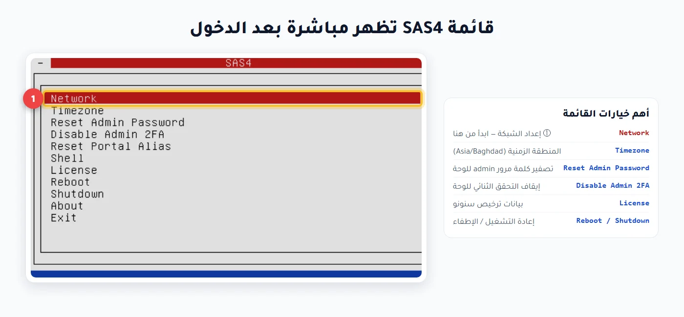 قائمة إعدادات SAS4 في الكونسول وخيار Network