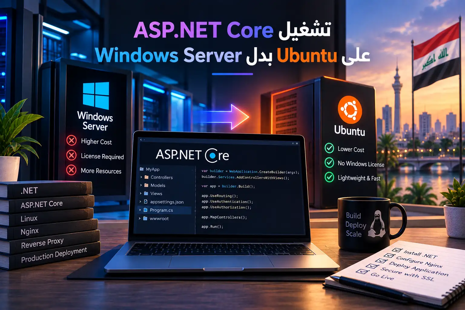 تشغيل ASP.NET Core على Ubuntu بدل Windows Server: الدليل الشامل 2026 - مرام هوست