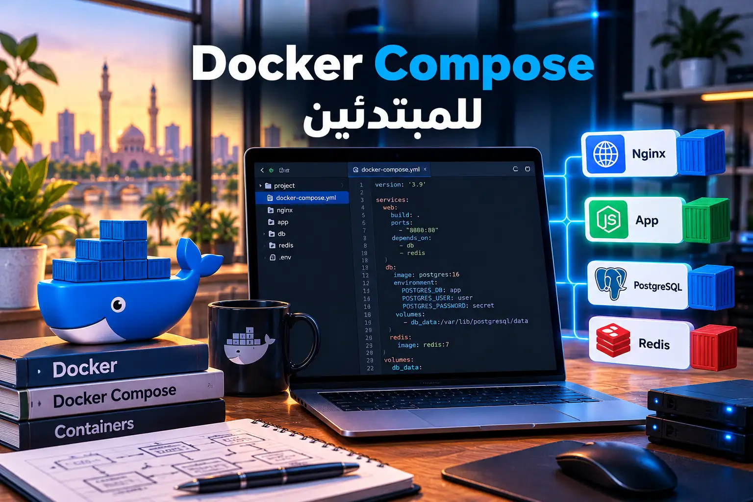 Docker Compose للمبتدئين: شغّل تطبيقك وقاعدة بياناته بملف واحد على VPS (2026) - مرام هوست